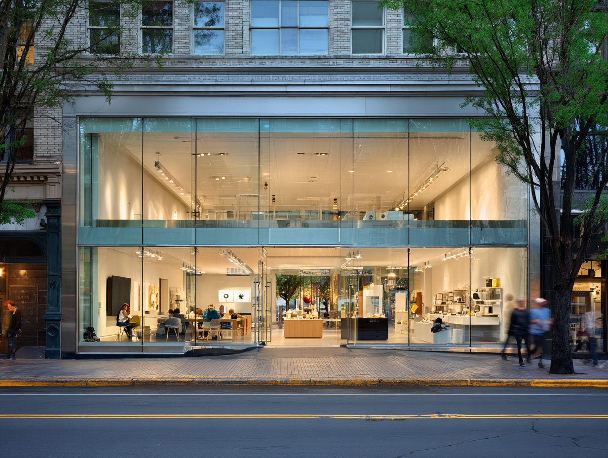 Soundproof glass storefront – modern retail store with full-height acoustic glazing